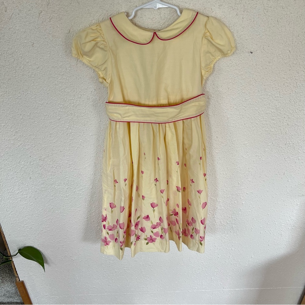 Talbots Vintage Butter Yellow & Pink Floral Girls 6 Dress w/ cap sleeves & Belt